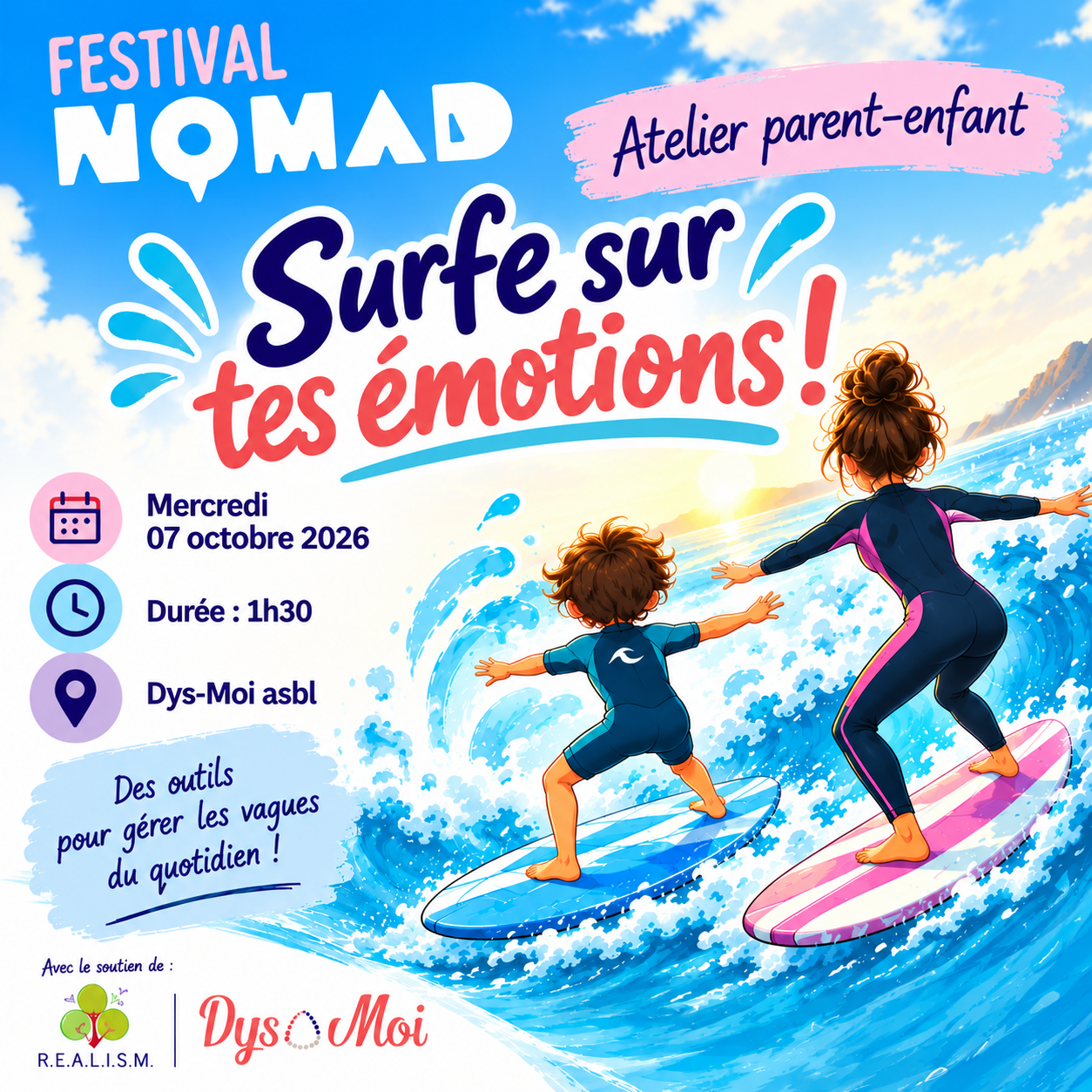 Complet - Festival - Nomad, Mercredi 07 octobre 2026 : "Surfe sur tes émotions" - Atelier Binôme Parent-Enfant